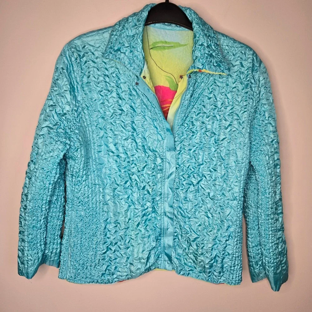 UBU Reversible Y2K Crinkle Jacket Womens Medium Green Pink Blue Zip Front - Picture 8 of 12